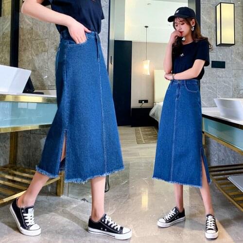 New Summer Women Jeans Skirt Plus Size S-5XL Casual Loose Solid Hem Split Tassel Pocket Jeans Skirts For Females Denim MidiSkirt