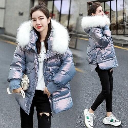 2021 New Women Winter Jacket Hooded Thick Short Jacket Solid Casual Glossy Warm Cotton Padded Parkas Fur Collar Winter Coat