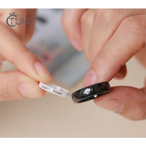 Personalized Engraved Couple Wedding Rings White Women Ring Black Mens Never Fade Waterproof Ceramic Ring Valentines Day Gift