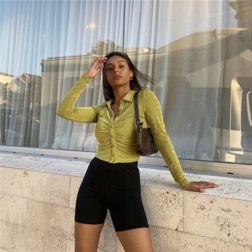 PUWD Casual Women Green Velvet Pleated shirt 2021 Spring Fashion Female Solid Long Sleeve Shirts Ladies Basic Button Tops
