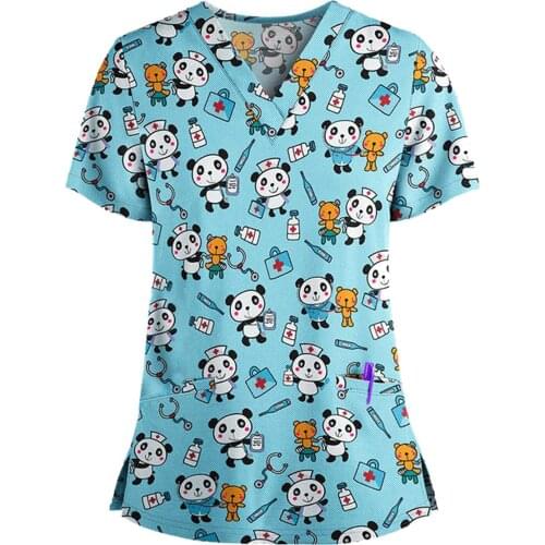Plus Size 3xl Cute Nurse Uniform Scrubs Women Short Sleeve V-neck Tops Working Uniform Cartoon Print Blouse Nurse Accessories