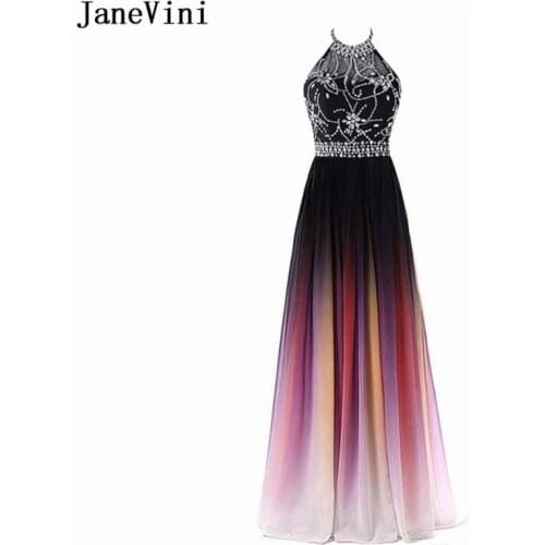 JaneVini Luxury Beaded Gradient Rainbow Prom Dresses Long Ombre Red Blue Evening Dress 2020 Chiffon Halter Ceremony Party Gowns
