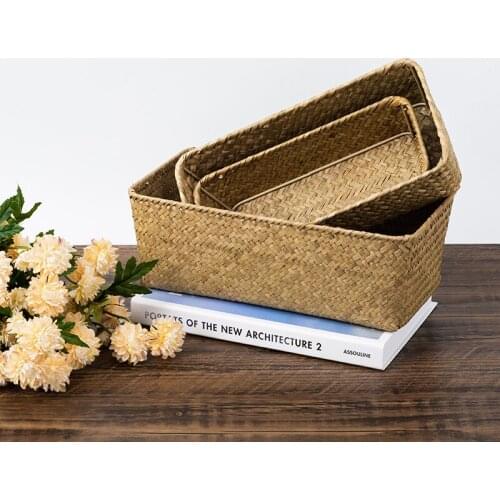 Handmade Seagrass Storage Basket Rattan Fruit Bread Storage Box Woven Picnic Basket Cosmetics Sundries Organizer Home Decoration