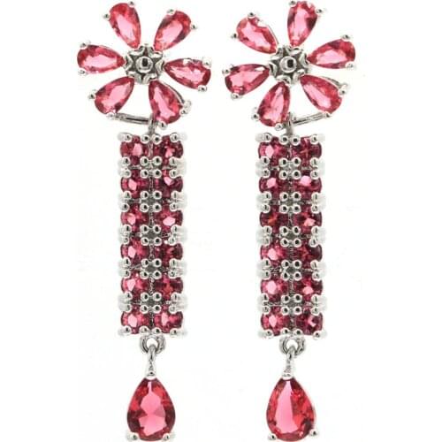 47x17mm Romantic Long Created Pink Raspberry Rhodolite Garnet CZ Womans Wedding Silver Earrings