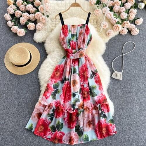 Flower series elegant printing dress skirt fairy airy chiffon dress summer new suspender holiday skirt