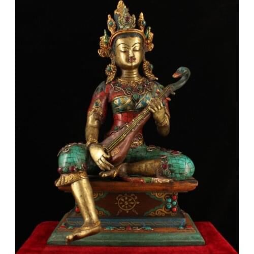 Asian Antique Statue, Old handmade sarasvatī ,Pure copper inlaid Turquoise Saraswati Goddess sculpture