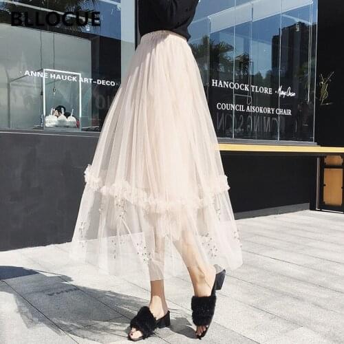 BLLOCUE Skirts Womens Hand Beaded Stitching Lace Mesh Skirt High Waisted Pleated Skirt Skirt Long Paragraph Pettiskirt