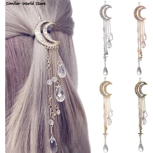 New Moon Crystal Tassels Hair Clip Charming Long Elegant Hair Accessories Gold/Rose Gold//Bronze Color