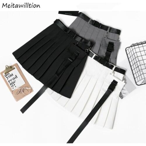 Women Mini Pleated Skirt Harajuku Solid Preppy Style Skirts With Belt 2020 Casual High Waist A Line School Skirts