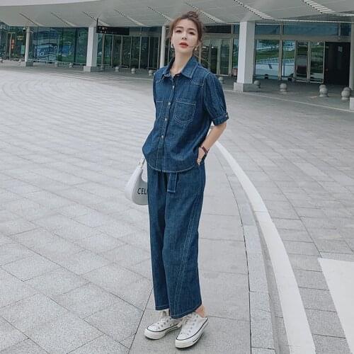2021 Summer Two Piece Sets Blue Denim Shirt and Pants Women Fashion Elegant Loose Short Sleeve Shirt Wide Leg Jeans Outfits Girl