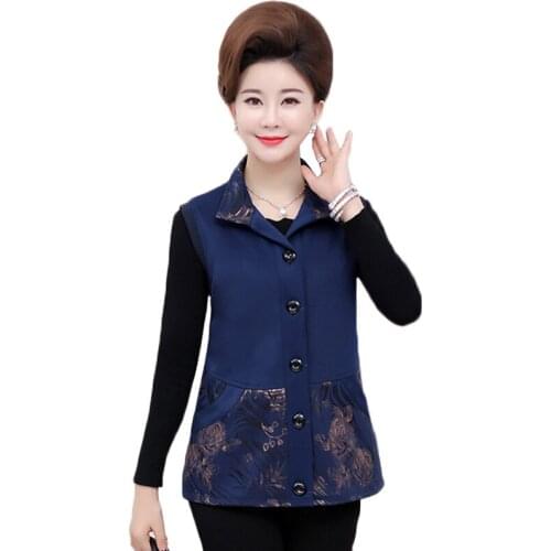Middle-aged Women Vest Coat New Autumn Winter Jacket Printed Single-breasted Sleeveless Vest Middle-aged Female Waistcoat Tops