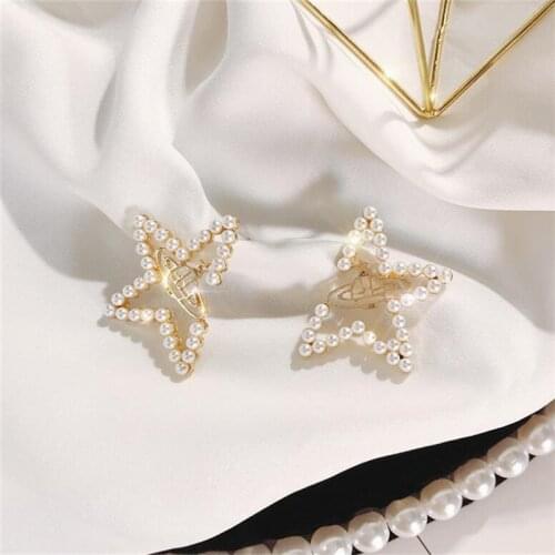 2021 Temperament Fashion Inlay Zircon jewelry female Crystal from Swarovskis Pearl pentagon earrings 925 silver needle Fit Women