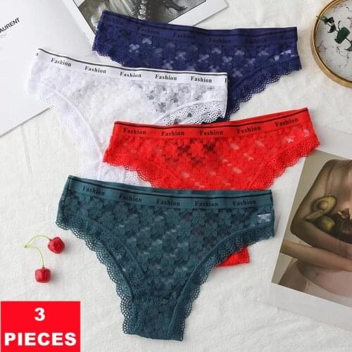 3Pcs Floral Embroidery Lace Womens Underwear Sexy Solid Color Seamless Panties Hollow Out Cotton Crotch Female Briefs Lingerie