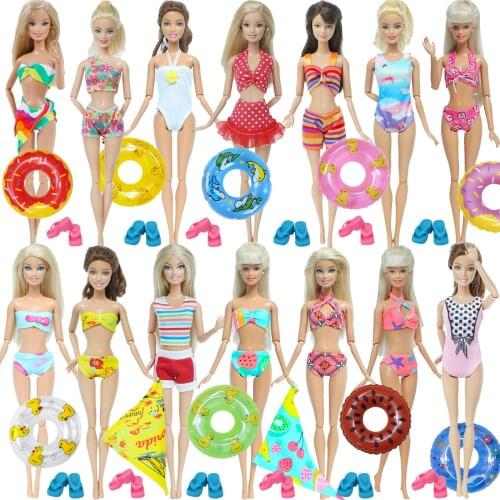 4pcs/Set Doll Swimsuit + Random Lifebuoy + Slippers Cute Swimwear Swimming Ring Shoes Beach Accessories Clothes for Barbie Dolls