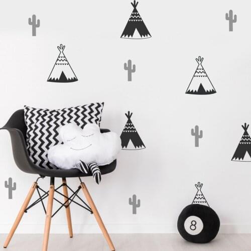 55Pcs Cartoon Teepee Tipi Tent Cactus Wall Decal Kids Room Nursery Teepee Cactus Nature Plant Wall Sticker Bedroom Vinyl Decor