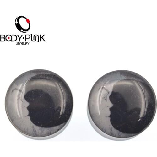 BODY PUNK Stainless Steel Black Ear Plugs Gauges 8-25mm Oil Drip Moon Flesh Tunnel Ear Expander Piercings PLG 067