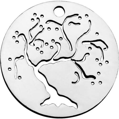 DIY Jewelry Stainless Steel Floating Hollow Cherry Tree Round Charm Pendants for Bracelet Necklace Jewelry Making Wholesales