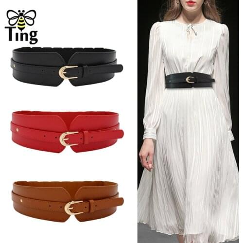 Tingfly Designer Fashion PU Leather Wide Elastic Waistband for Women Chic Dress Coat Waist Belt Band
