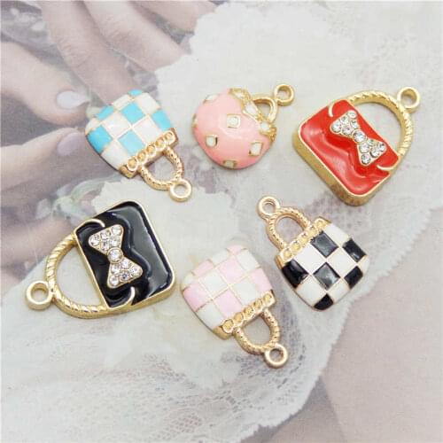 Julie Wang 6PCS Enamel Charms Mixed Handbag Alloy Gold Tone Women Purse Bag Pendant Bracelet Jewelry Making Accessory