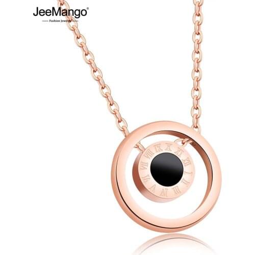 JeeMango Classic Titanium Steel Roman Numeral Double Sided Black White Shells Circle Rose Gold Color Pendants Necklaces JN17072