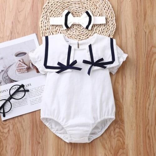 2021 Baby Girl Romper Baby Clothes Sweet 2 Pcs Sets Short Sleeve Bow Sailor Collar Baby Romper Summer Baby Girl Bodysuit 0-12M