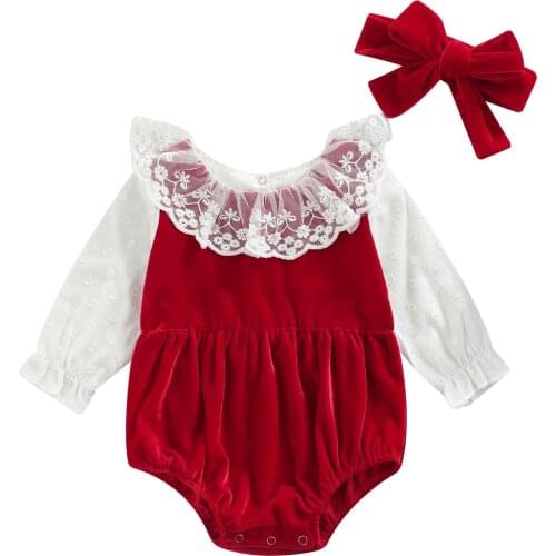 Infant Baby Girls Two-piece Clothes Set, Wine Red Long Sleeve Lace Hem Romper and Headdress, 0-24 Months