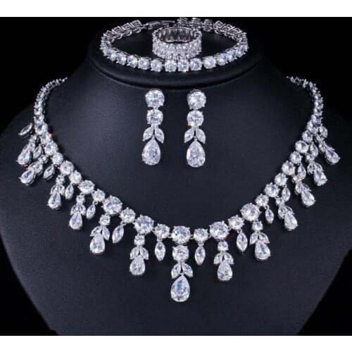 Hot Sale Real 925 Jewelry Set Water Drop AAA Zicon Necklace/Earrings/Ring/Bracelet Sets Women Wholesale Fine Jewelry