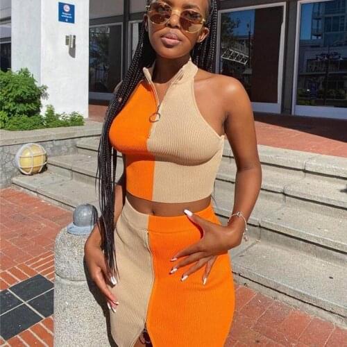 Imcute 2021 Summer Two Pieces Skirt Suit Ribbed Fabric Colorblock Matching Set Front Zip up Crop Top +Skirt Women Lounge Clothes