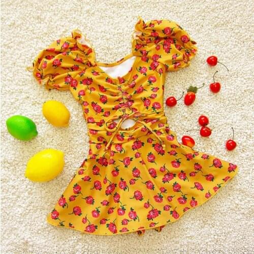 Sweet floral swimwear for princess girls jumpsuit puff short sleeve toddler girls bikini for children bathing suit kids bodysuit