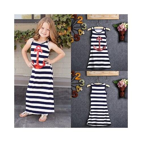Fashion Children Kids Girls Clothing Dresses Sequins Anchor Brief Navy Striped Party Dress Maxi Sundress Casual 3 4 5 6 7 8Y