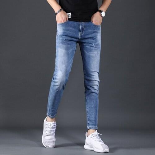 Jeans Men Ankle-Length Pants Fashion Korean Style Blue Slim Fit Stretch Denim Trousers