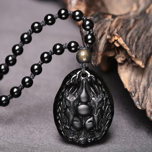 Natural Black Obsidian Two foxes Pendants Jewelry Fine Jewelry Lucky Auspicious Marriage Amulet Pendant Jewelry