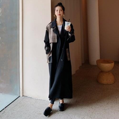Womens Trench Coat 2021 Spring Autumn New Long British Style Korean Version Fashion Black Patchwork Slim Lapel Windbreaker L4