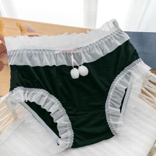 Large Size High Waist Lace Black Panties with Fur Ball Underwear Women Sexy Briefs Girl