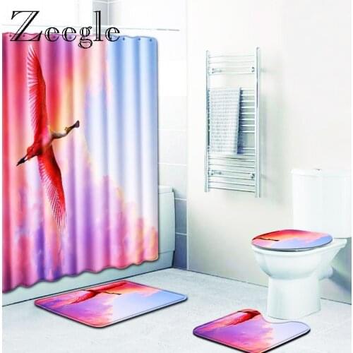 Zeegle 3D Flamingo Shower Curtain Set with Bath Mat Non-slip Bathroom Mat Absorption Foot Rug Toilet Decor Mat Bath Floor Carpet