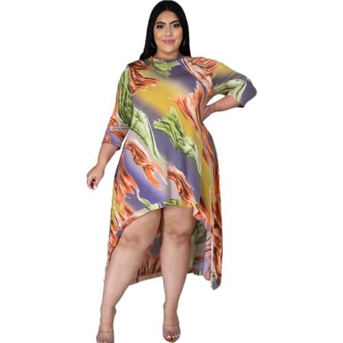 Yellow Print Mid-sleeved Dress 2021 Summer New Irregular Loose Dress Fashion Temperament Commuter Pullover Plus-size Clothing