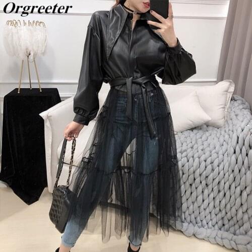 Chic Design Solid Color Long Mesh Gauze Stitching PU Leather Coat 2020 Spring New Women Fashion Black/Green Outwear With Belt