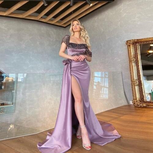 Fashion Elegant Violet Celebrity Dress A-line Floor Length Evening Dress With Applique High Split Prom Dress Custom Made