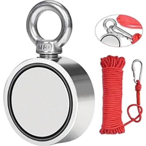 120Kg Dual Sides Magnet Strong Neodymium Permanent Fishing Magnets with 20m Braided Rope for Salvage Seeker