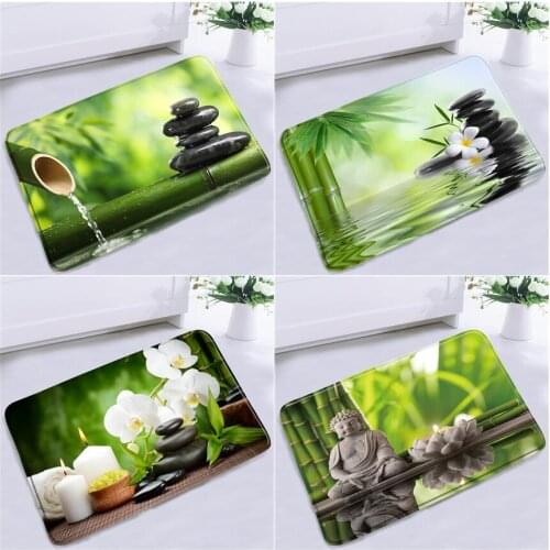 Zen Green Bamboo Buddha Bath Mats Black Stone Orchid Garden Scenery Door Mat Room Floor Carpet Bathroom Anti-slip Rug Pad Decor