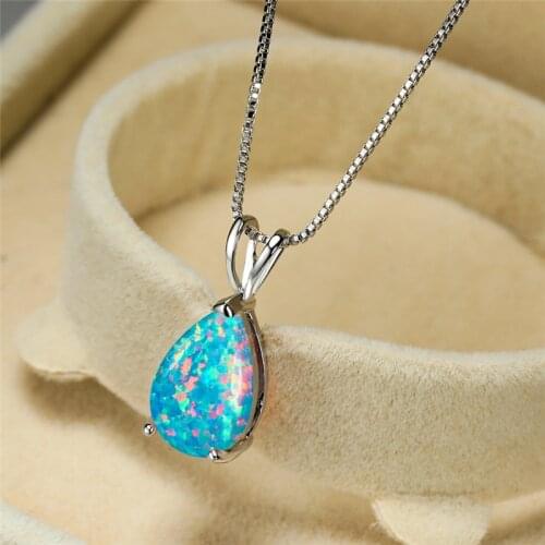 Dainty Female Blue Opal Pendant Necklace Trendy Water Drop Chain Necklaces For Women Minimalist Rainbow Wedding Necklace