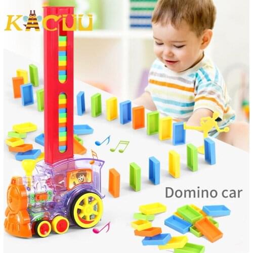 KACUU Domino Train Toy Set Rally Electric Train Model With 60 Pcs Colorful Domino Game Building Blocks Car Truck Vehicle Stack