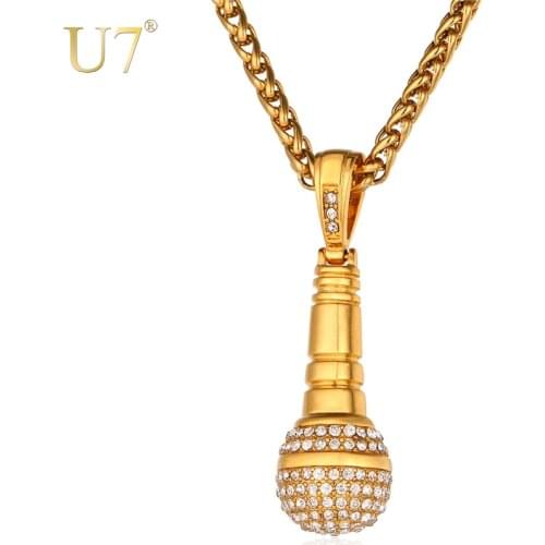U7 Ice Out Chain Necklace Microphone Pendant Men/Women Stainless Steel Gold Color Rhinestone Best Friend Jewelry Hip Hop P1018