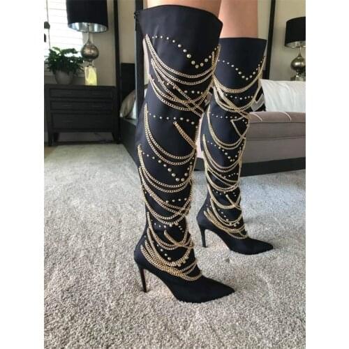 Fashion Metal Chain Decor Thigh High Heels Boots Autumn Rivet Womens Pointed Toe Over Knee Boots Ladies Party Winter Shoes 2020