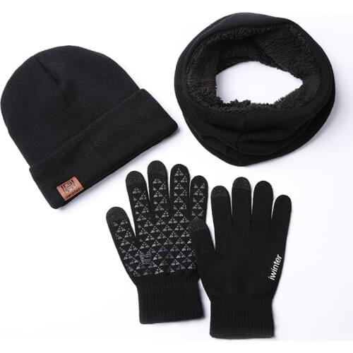 Set, scarves, hats, gloves, winter plush, fashion, warmth, three-piece knitted men and women touch screen