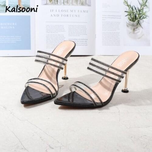 Kalsooni 2021 New Summer sexy one-line sandals and slippers airy style open-toed rhinestone stiletto heels