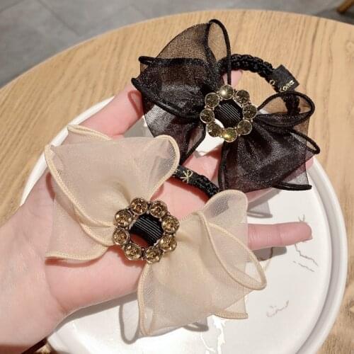 2021 Lady New Hair Accessories Female Rhinestone Bow Hair Rope Girl Organza Head Ties