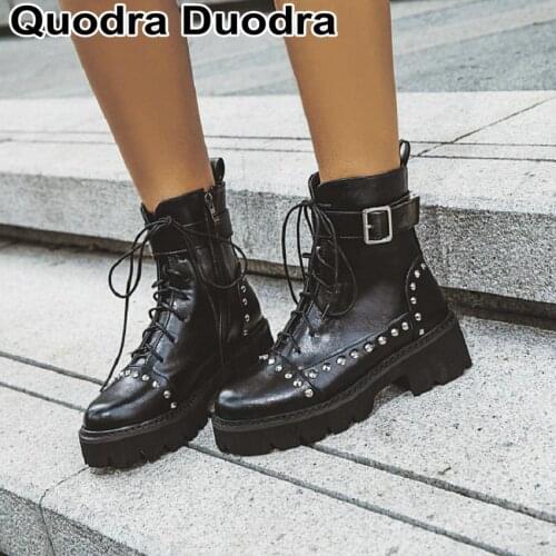 New Winter women boots Motorcycle Ankle Boots Square Heels Horse Riding Shoes Lace-up Martin Punk Platform boots with rivets