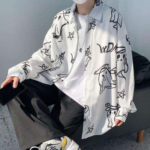 Printed Graffiti Shirt Spring Autumn Trend Loose Unisex Top All-match Long Sleeve Bottoming Shirts Thin Oversize Male Clothes