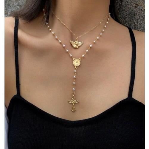 European&American Fashion Retro Little Angel Necklace Temperament Imitation Pearl Y-shaped Cross Necklaces for Women Jewelry